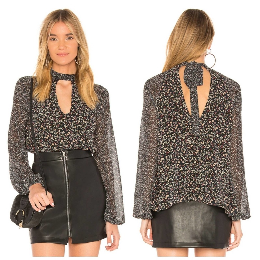 Tularosa Evie Mixed Floral Black Cutout Tie Neck Long Sleeve Blouse